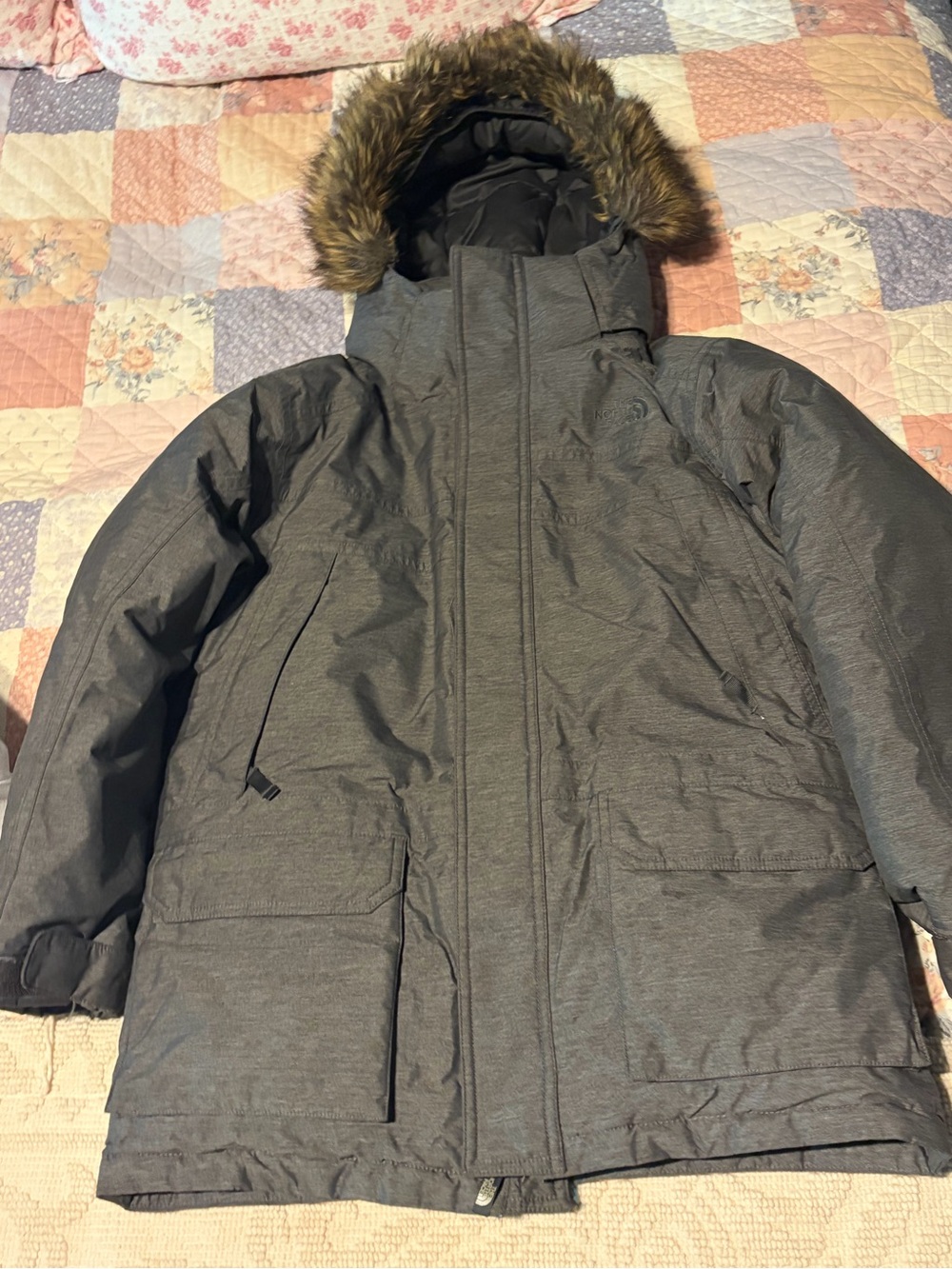 Boys north face Hooded Winter Parka Jacket - Dark Gray with Faux Fur Trim